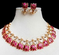 Handmade Brass Metal Jewellery Pink Lotus Necklace Set